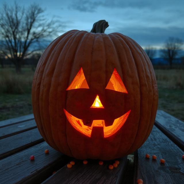 A carved pumpkin rests on an outdoor wooden table as dusk settles in. The flickering candle within illuminates the carved facial features, casting a warm glow.
