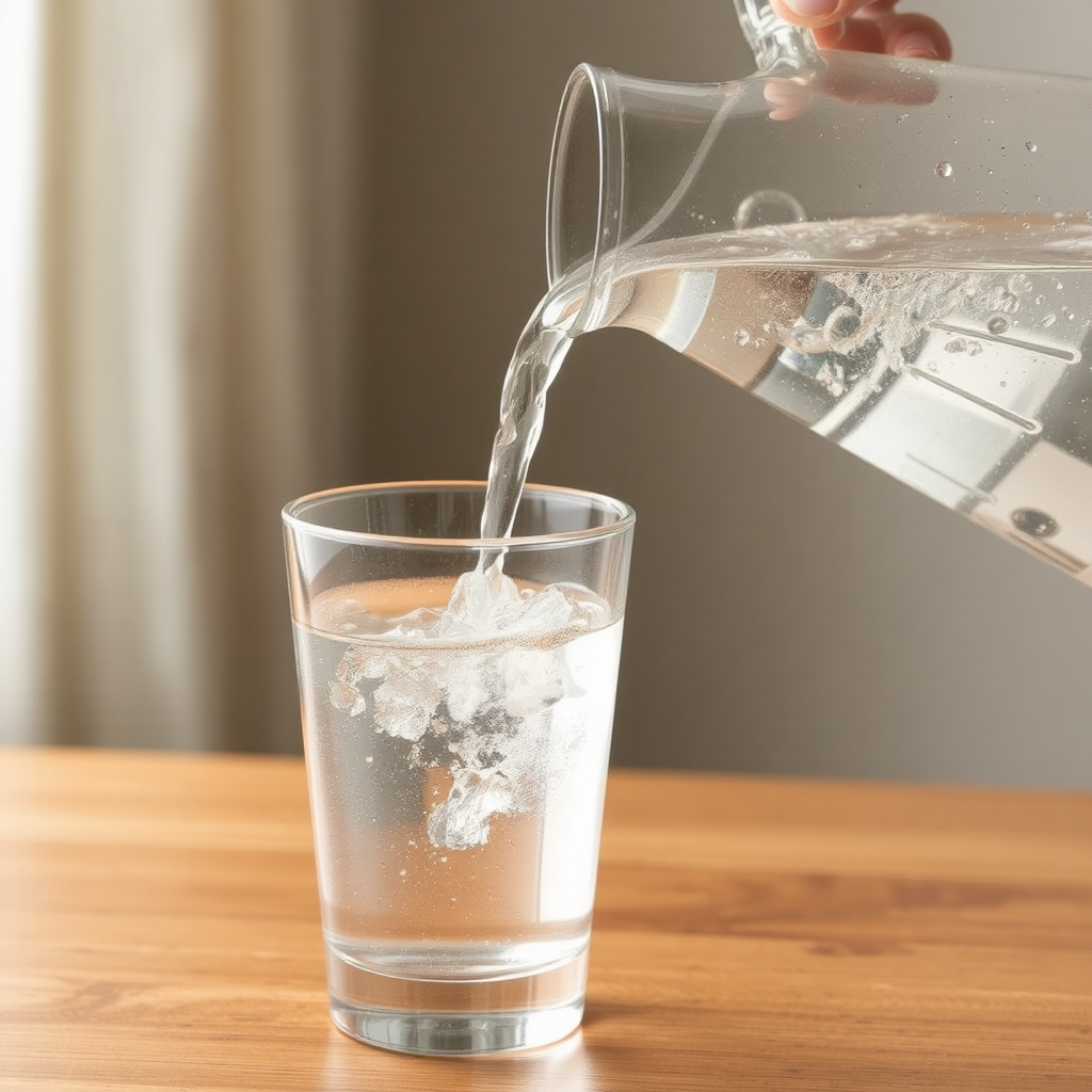 A water glass is being filled by a beautiful clear glass water pitcher. The glass sits on an oak tabletop and the backdrop is blurred.