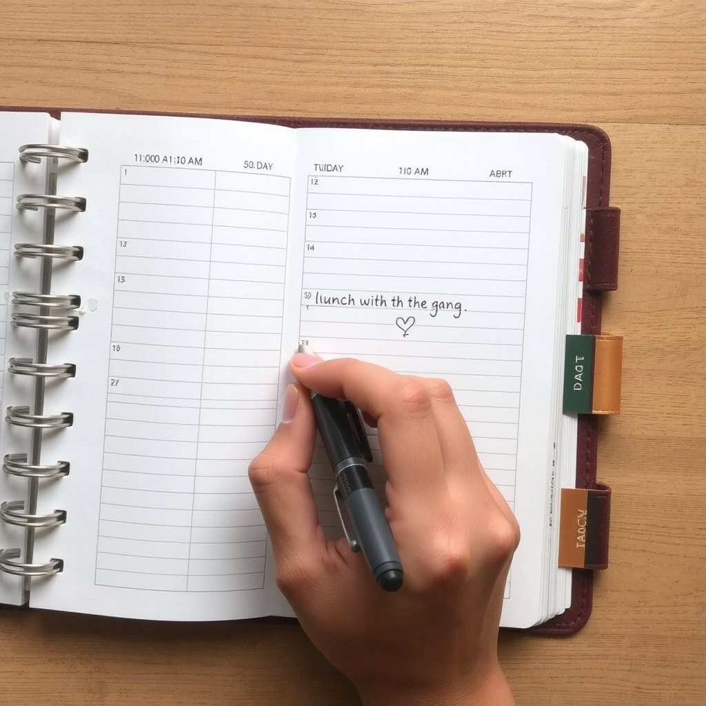 A hand is shown writing the words "Lunch with the gang." on a planner page. The hand holds a black pen atop a light desk.