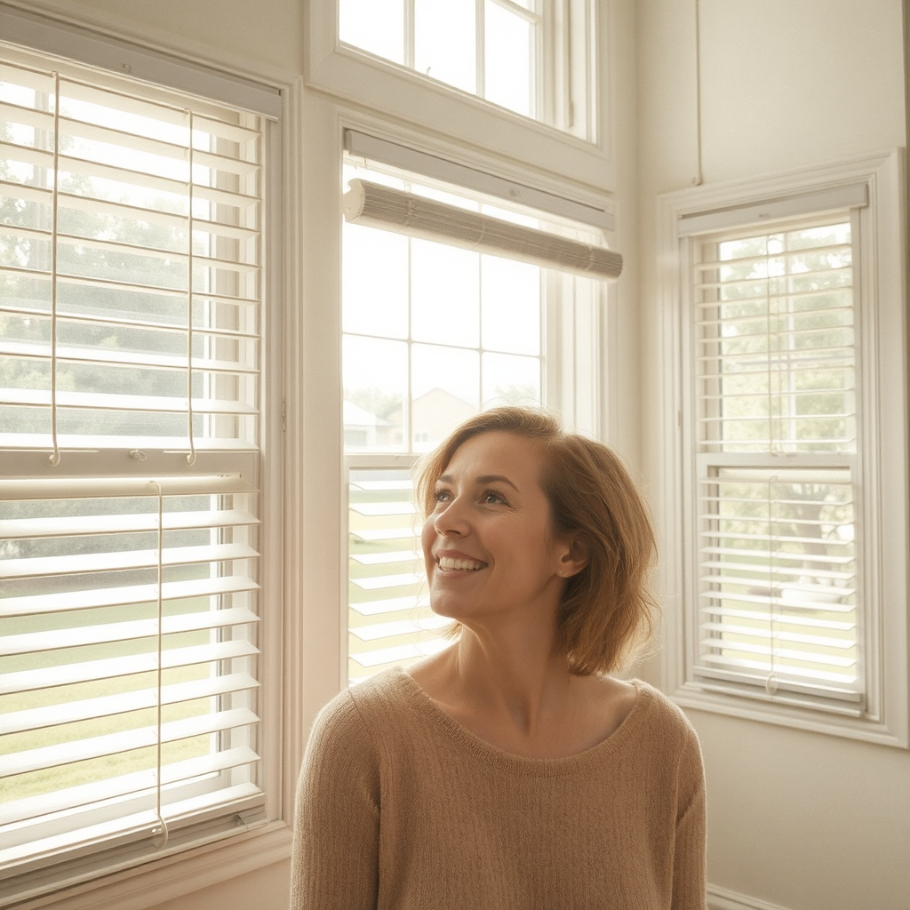 A short-haired blonde woman looks up at the open blinds of beautiful windows, smiling as the light streams in. She wears a crewneck tan sweater. The room is spacious, with beige walls. The trees and grass surrounding the home are slightly visible through the windows.