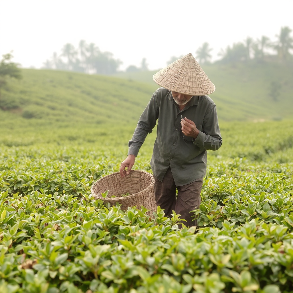 An older Chinese man holds a tea collecting basket and wears a pointes triangular field hat in the sun as he picks tea leaves. The rolling tea farm in the distance and the field he is standing in is bright green with tea leaves and trees in the distance.