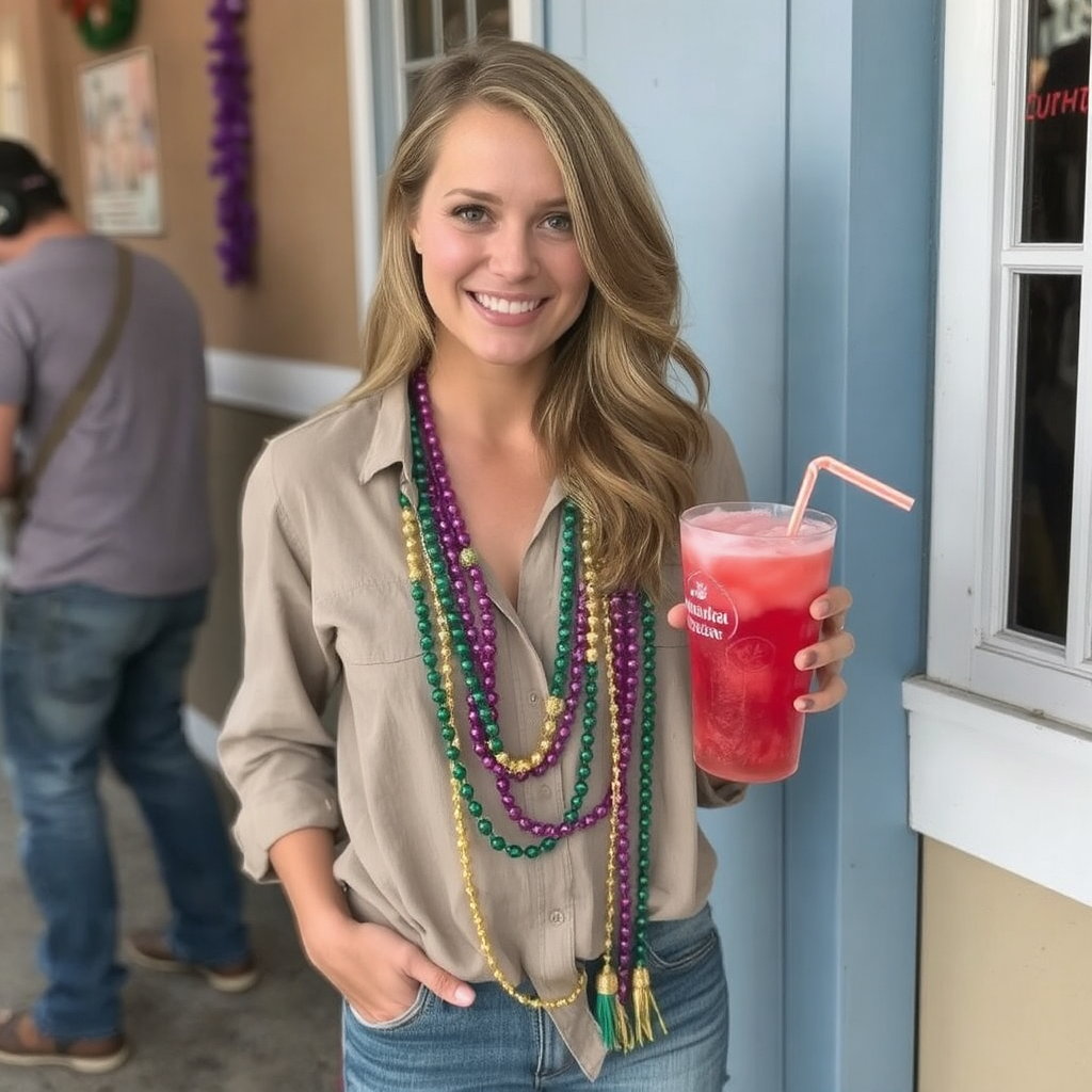 A blonde young adult wears a taupe button-down blouse and faded jeans. One hand is in her pocket, while the other holds a pink cocktail in a plastic glass with a straw. She smiles as she wears several long Mardi Gras beads around her neck.