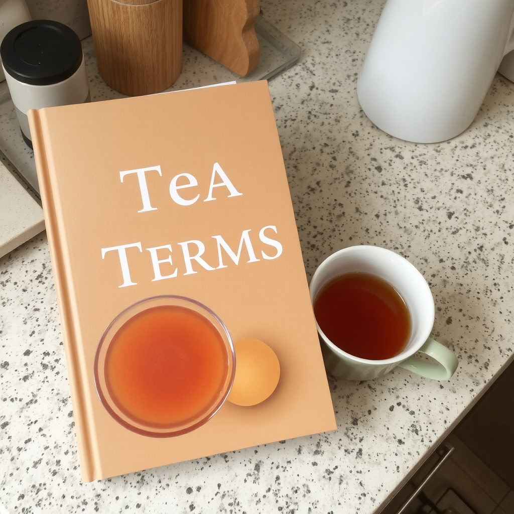 A book titles "Tea Terms" sits on a kitchen counter beside a hot cup of tea.