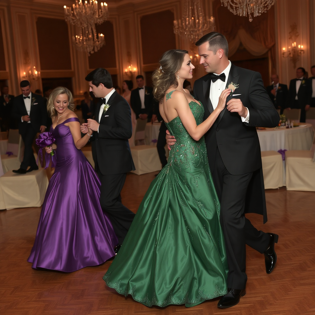 A beautiful Mardi Gras gala in a private ballroom shows men in tuxedos dancing with women dressed in formal gowns in emerald green and dark purple. Chandeliers hang in the background as other attendees are seen sitting dining at tables.