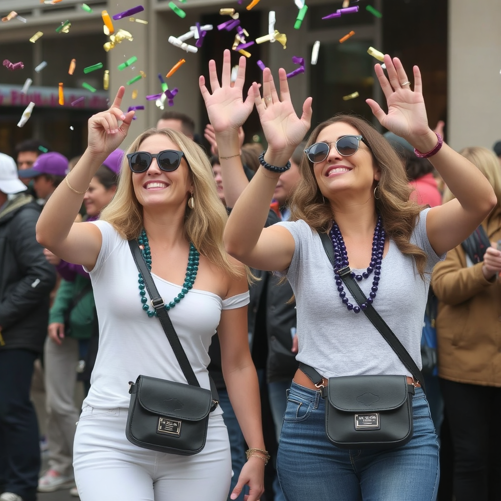 Two young women in their late 20s wear Mardi Gras beads around their necks and have crossbody bags around their bodies. Noth are dressed in casual attire and are waving and holding their arms up at a passing Mardi Gras float to catch throws. They are both smiling and appear to be having a great time amongst the other people in the crowd behind them.