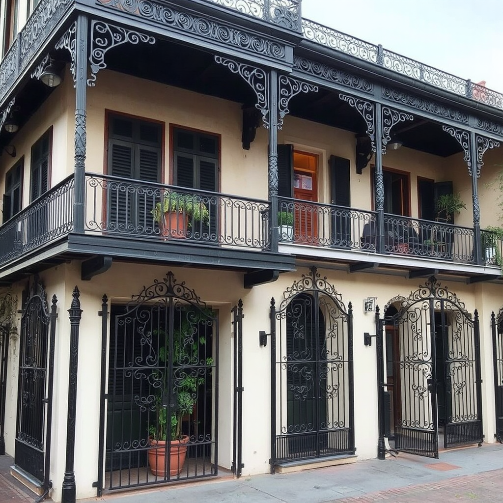 A beautiful dark green painted New Orleans wrought iron railing and details on a New Orleans old 2-story building show off the beige colored stuccop of the building.
