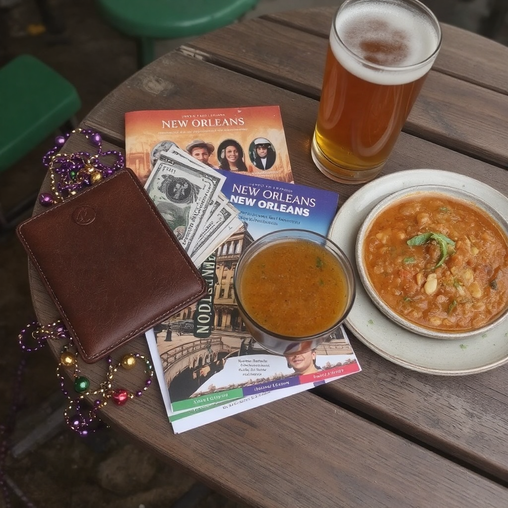 An outdoor wooden cafe table holds New Orleans brochures, a dark brown leather wallet with cash sticking out of it, and Mardi Gras beads, Creole food sits in two bowls, and a beer in a glass, is also seen.