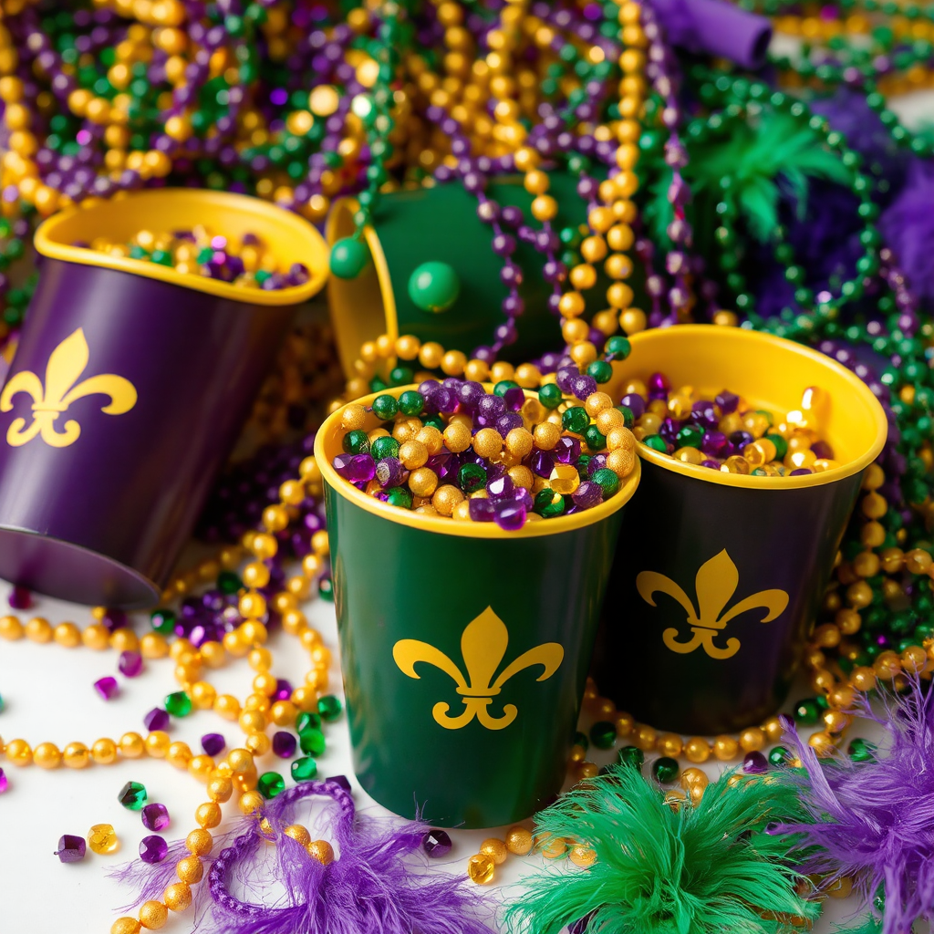 Yellow, green, and yellow plastic cups and Mardi Gras beads and feathers are seen in a huge pile on a table. The cups have the fleur de Lis emblem on them.