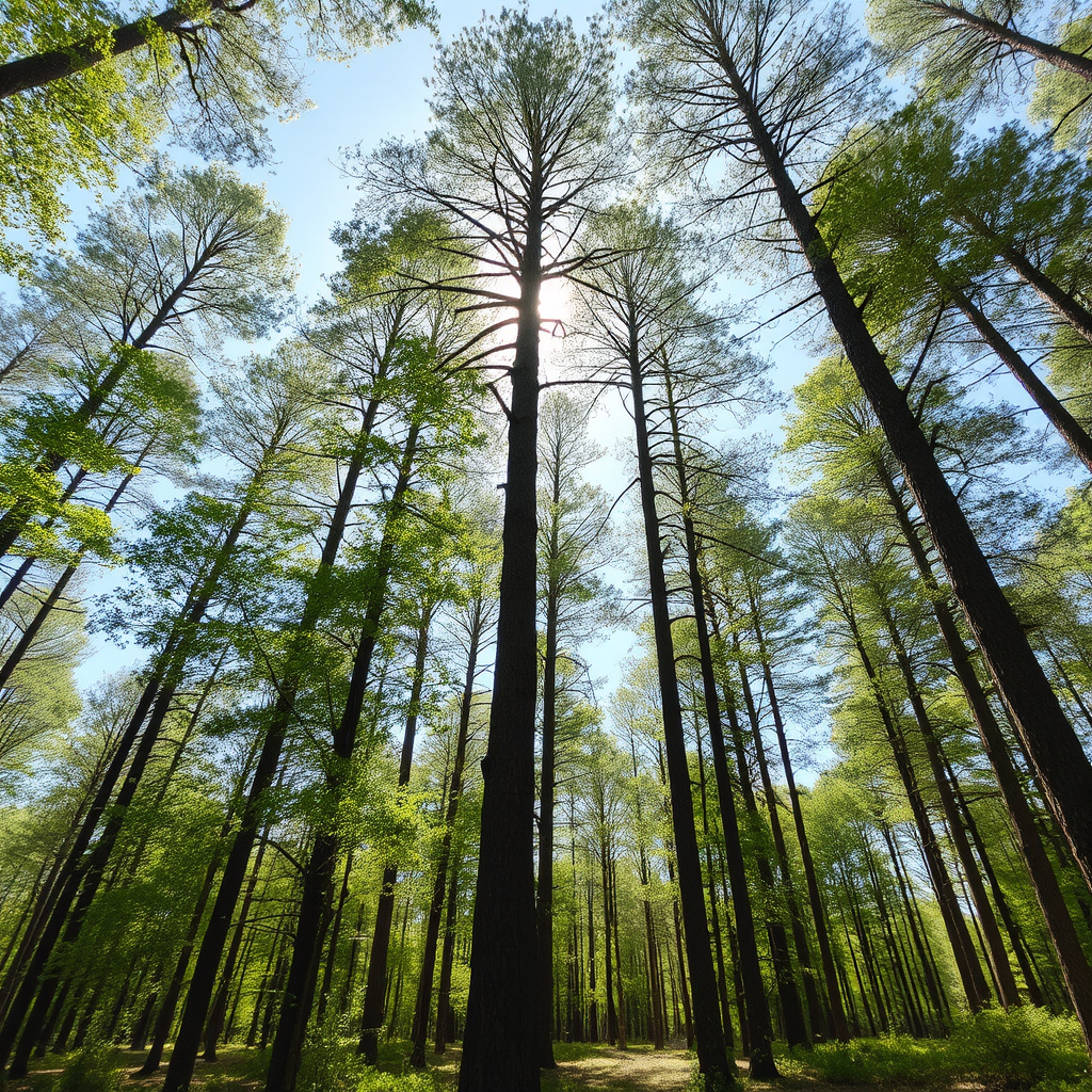 Towering tall thin trees with bright green leaves seemingly touch the blue sky above them in a forested area.