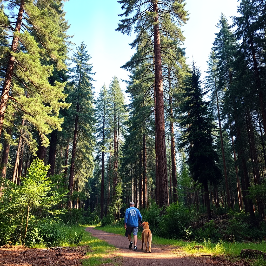 A man in a blue shirt and shorts walks along a red dirt path through a forest with towering cypress trees. A large brown dog walks beside the man.