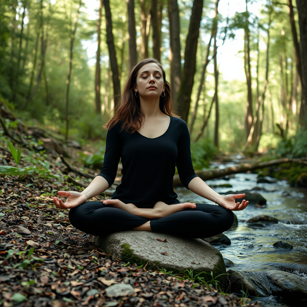 A young woman in black tights and a three-quarter sleeve black shirt sits in a yoga pose atop a flat rock along a stream in a wooded setting.