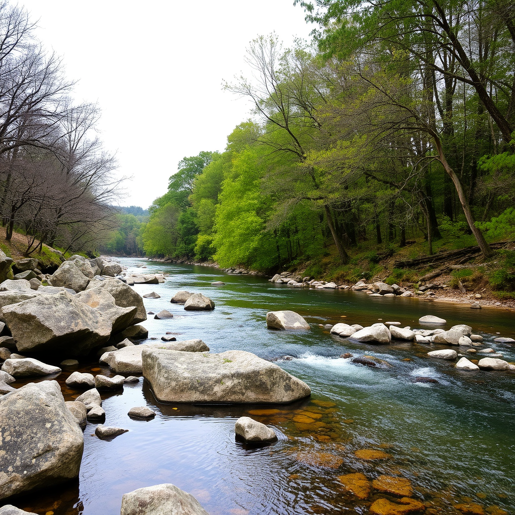 A long calm brook makes its way along a boulder-lined forested area with lush greenery and brown leaves on the ground on a clear day.
