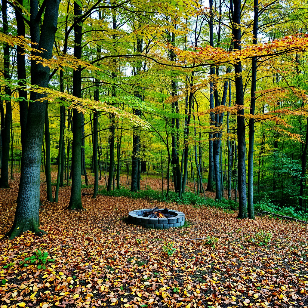 A lush, green forest shows off a yellow leaf blooming tree with branches reaching outward. Brown and yellow leaves while a firepit sits in a clearing with a fire smoldering.